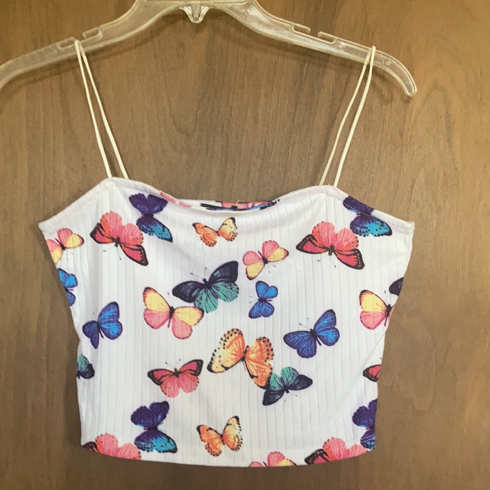 Rue21 top ribbed butterfly print crop top cropped spaghetti straps L jrs - Picture 1 of 14